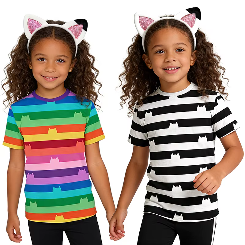 T-shirt rayé pour enfants avec imprimé chat Gabby