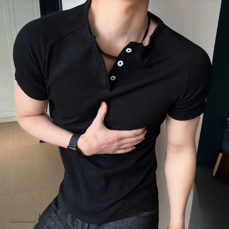 T-shirt homme slim fit à col henley, manches courtes, tricot côtelé, coupe musclée, décontracté, pour l'entraînement, tee-shirt de base pour l'été