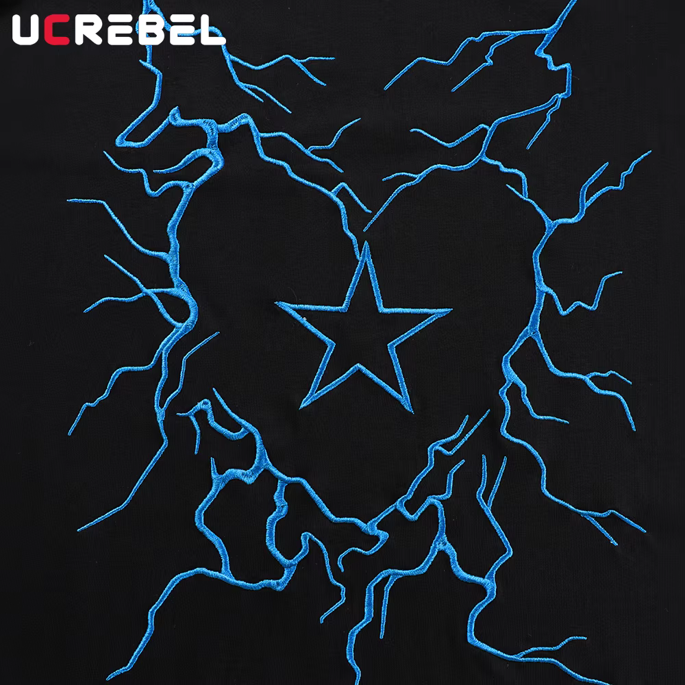 Lightning coeur broderie à manches courtes T-shirt hommes été haute rue col rond demi