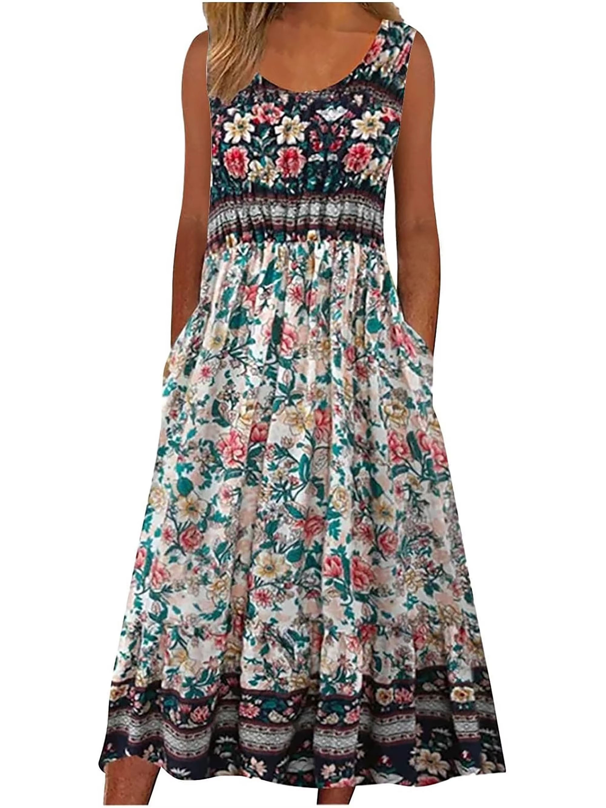2025 été nouveau! Robe d'été MIDI de plage décontractée à fleurs bohème sans manches pour femmes avec poches fluide et ample