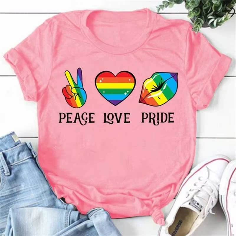 T-shirt manches courtes col rond femme, Peace Love Pride, coloré, imprimé