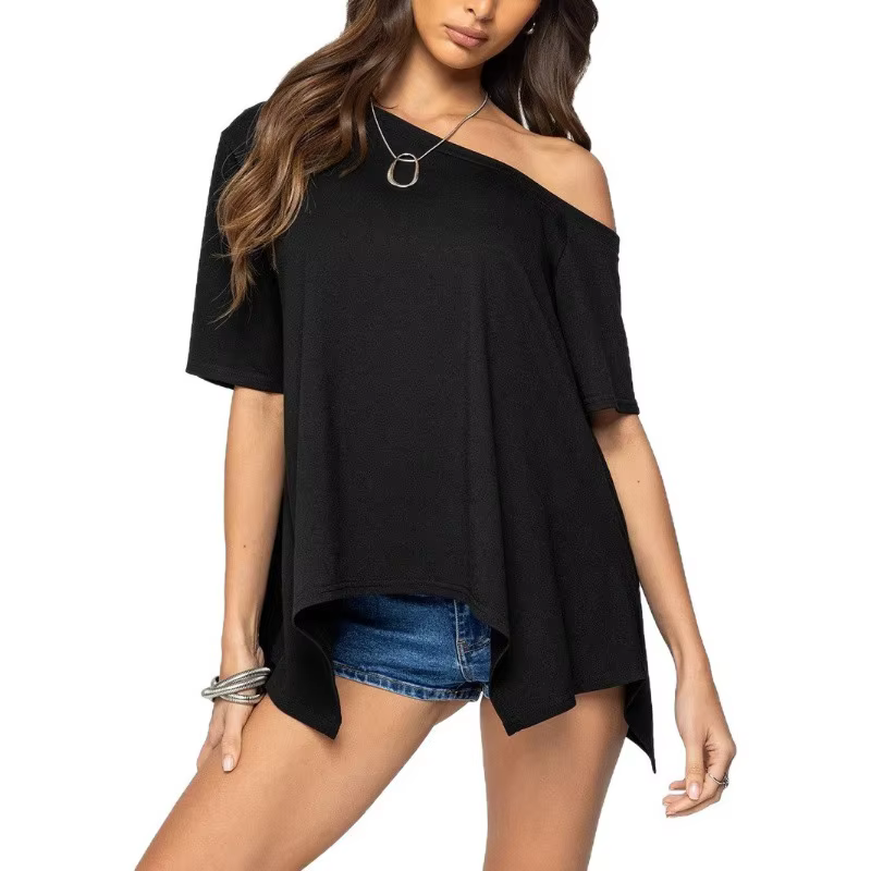 T-shirt asymétrique à épaules dénudées pour femme, manches courtes, coupe ample, ourlet irrégulier, chemisier décontracté uni