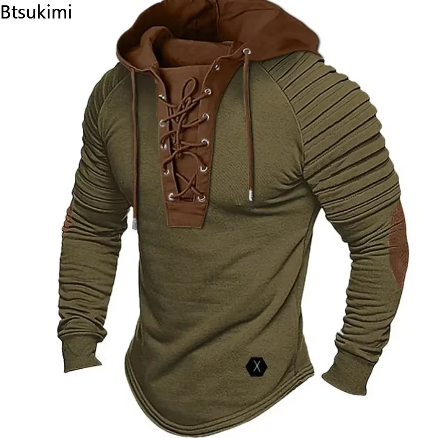 Sweat à capuche vintage pour homme 2026 avec cordon de serrage et épaules plissées – Haut quotidien doux