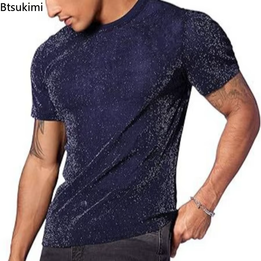 Hommes mode paillettes voir à travers T-Shirts été à manches courtes col rond décontracté hauts mâle Vintage brillant couleur unie mince T-shirt