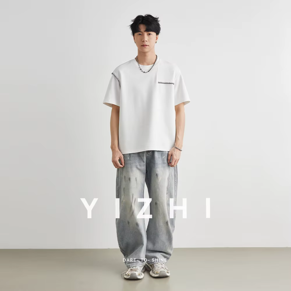 T-shirt Homme Tendance à Manches Courtes avec Détails de Couture