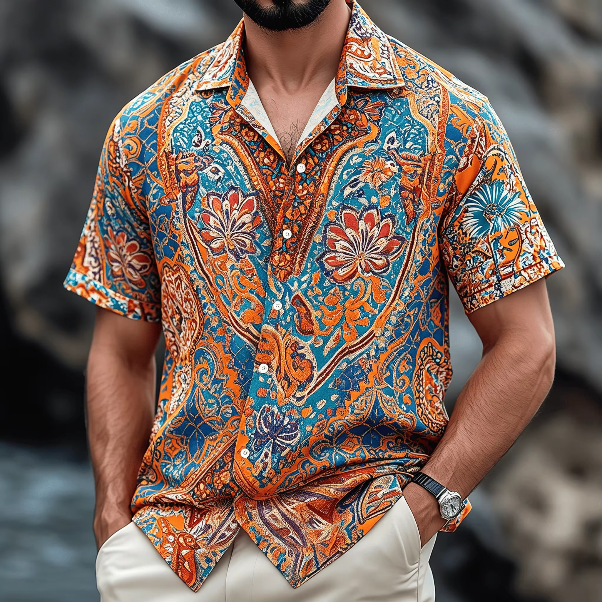 Chemise à imprimé floral ethnique style bohème 3D, chemise boutonnée pour homme d'été, convient pour une tenue décontractée en plein air, style unisexe.