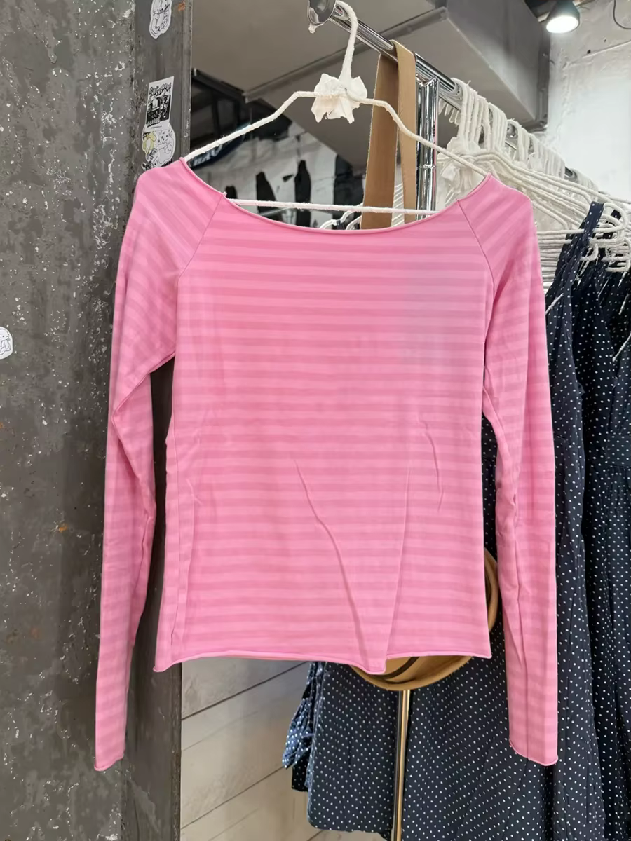 T-shirt rose rayé à manches longues pour femme