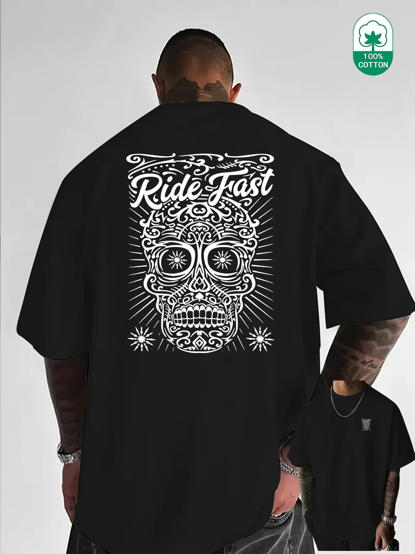 T-shirt Homme Oversize à Motif Crâne 100% Coton Grande Taille Style Urbain Rétro Tatouage Décontracté Respirant Manches Courtes