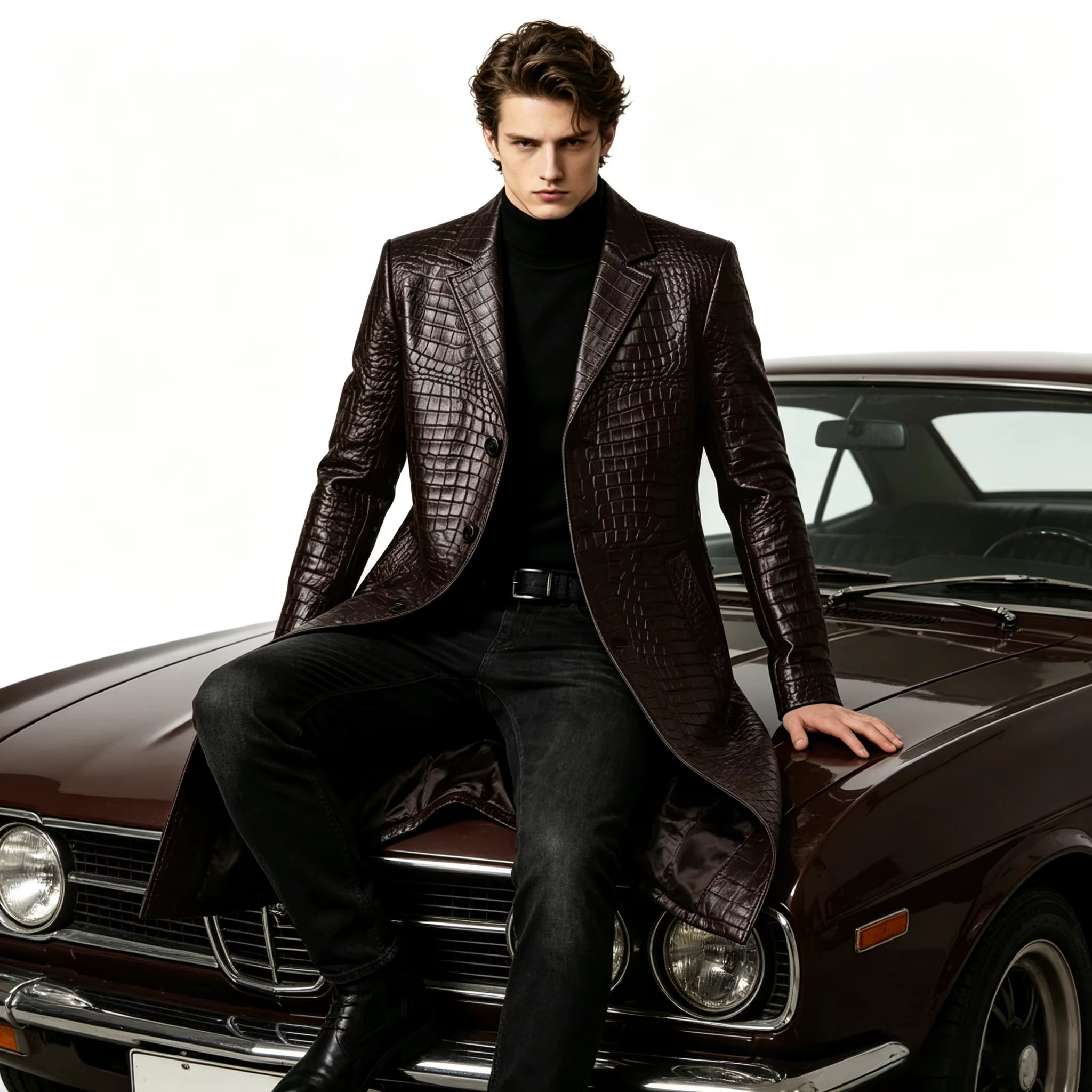 Manteau long en cuir gaufré crocodile de qualité supérieure pour homme, coupe ajustée, simple boutonnage, style formel et streetwear