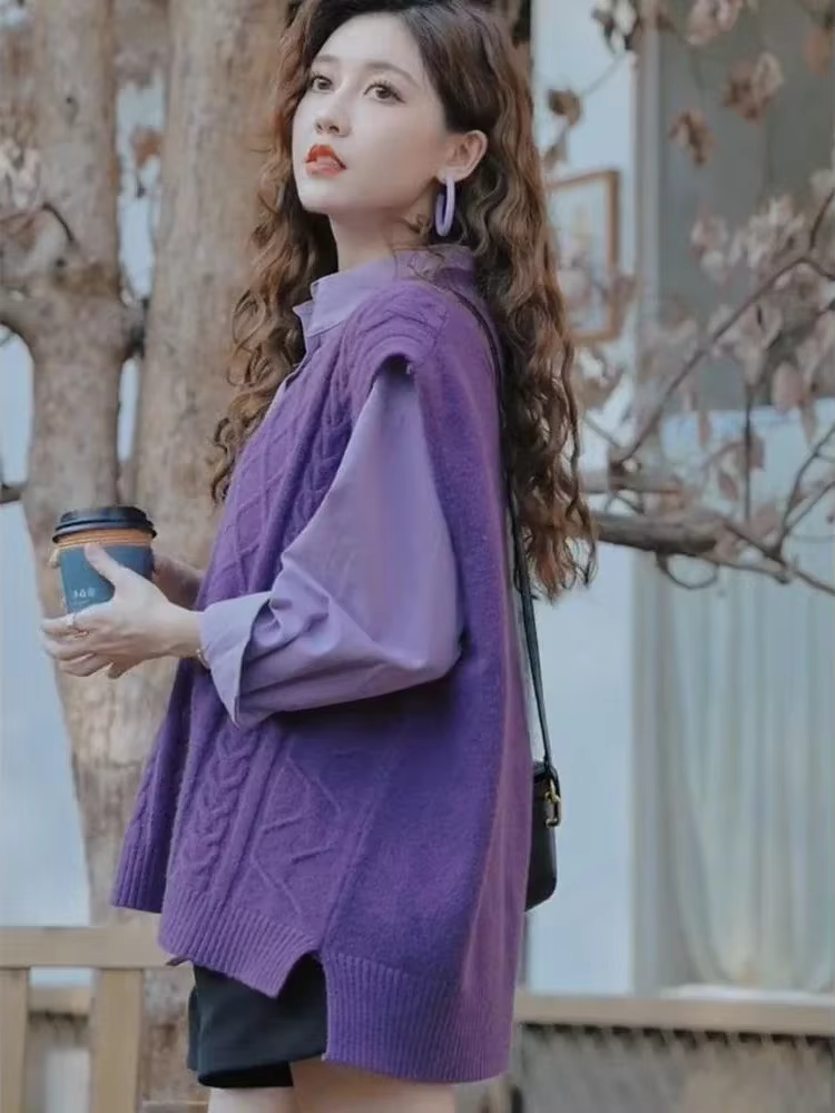 Gilet violet col en v dame chandails pull ample tricot gilets pour femmes sans manches Style coréen vêtements élégant tendance 2025