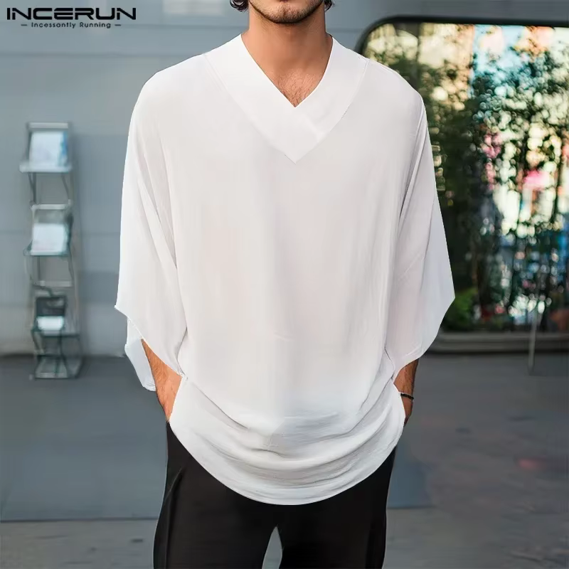 INCERUN hommes t-shirt couleur unie col en V demi manches surdimensionné mâle