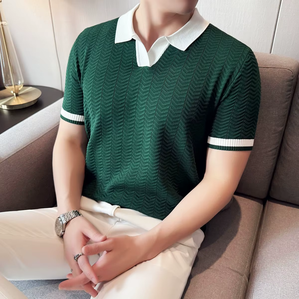 Mode nid d'abeille Texture contraste couleur t-shirts hommes tricotés polos été à manches courtes mince hauts élastique