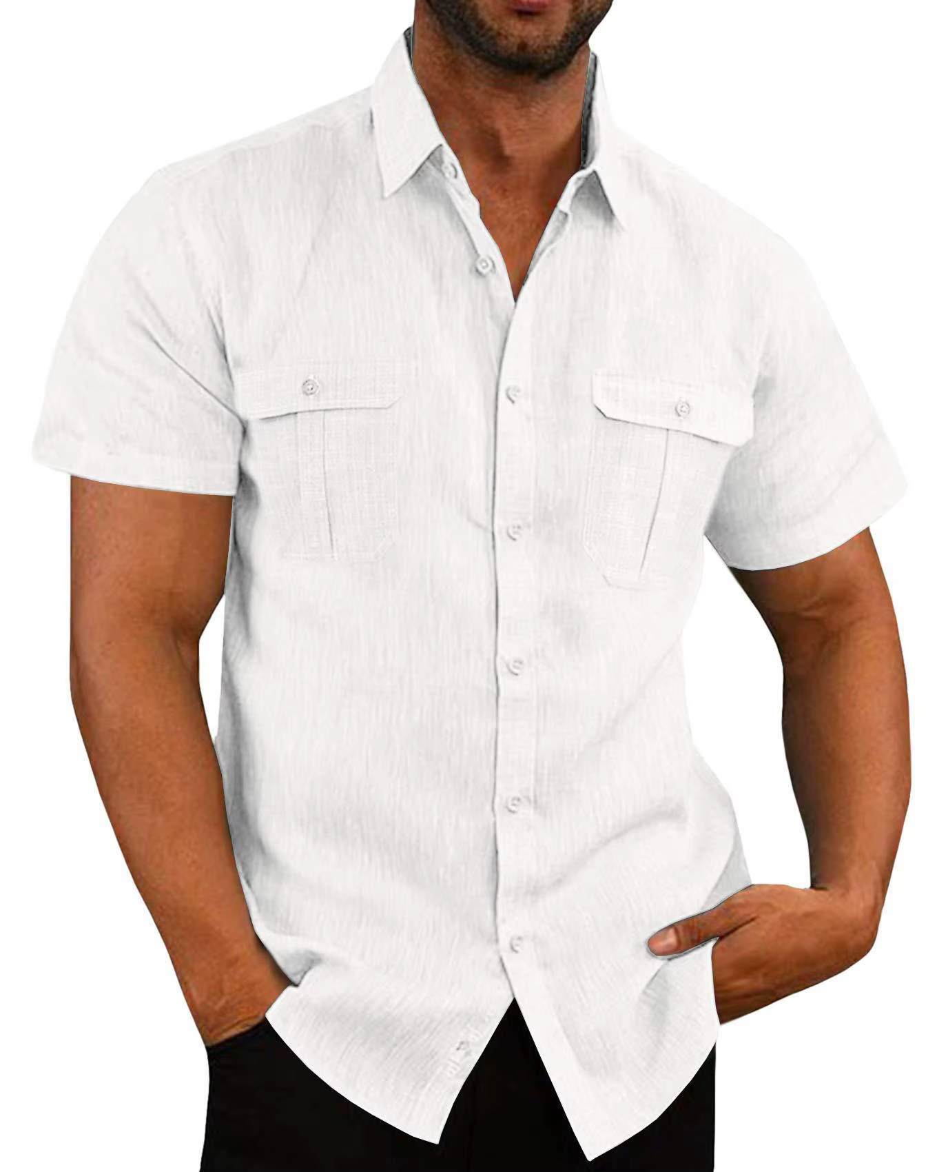 Chemise en lin à manches courtes pour homme - Style décontracté d'été avec deux poches et fermeture boutonnée