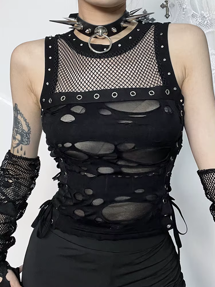 Centre commercial gothique gilet femmes Sexy trou voir à travers à lacets culture débardeurs Streetwear Cyber Punk
