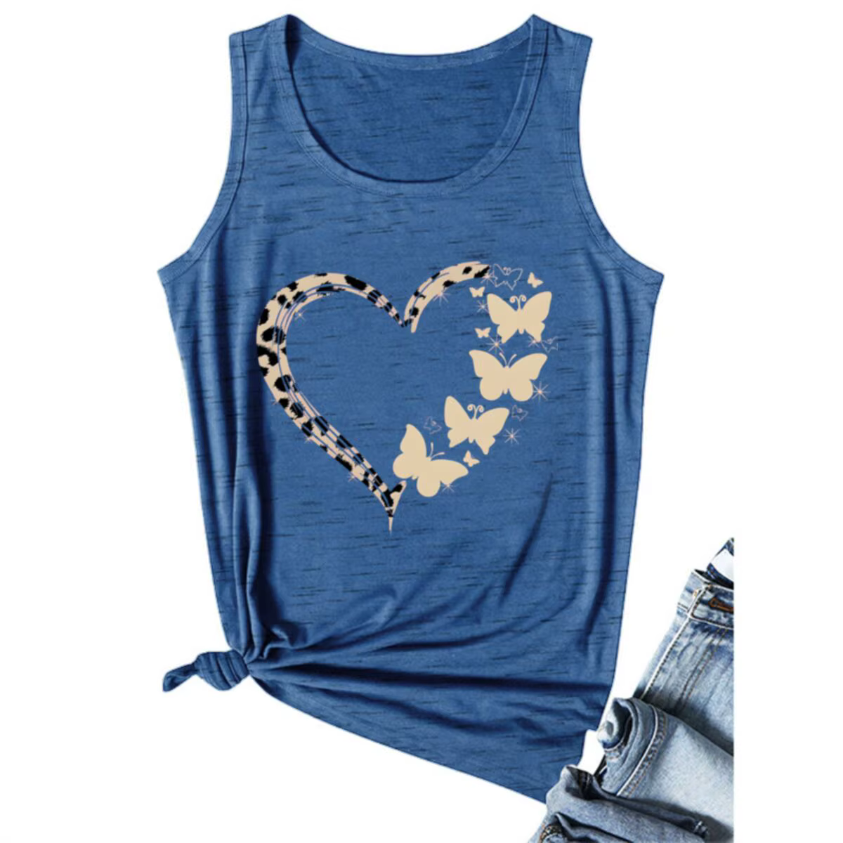 Gilet sans manches imprimé léopard et papillon pour femme, tenue d'été, cadeau pour les amoureuses des papillons, t-shirt sans manches motif léopard et cœur