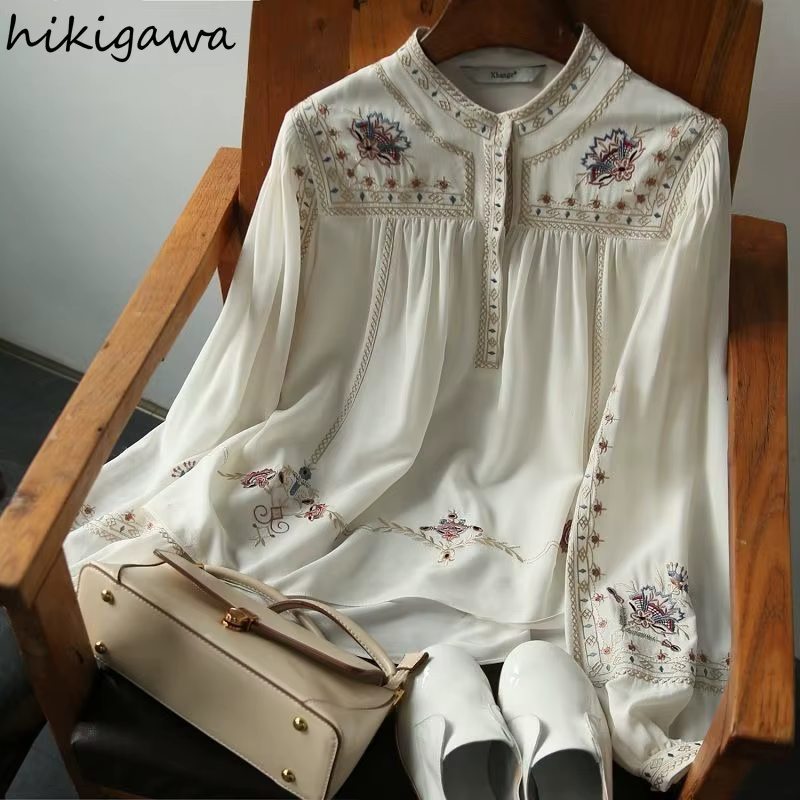 Chemisier De mode pour femmes à manches longues imprimé chemises amples 2025 Blusas Mujer De Moda col rond Vintage bohême été Blouses hauts