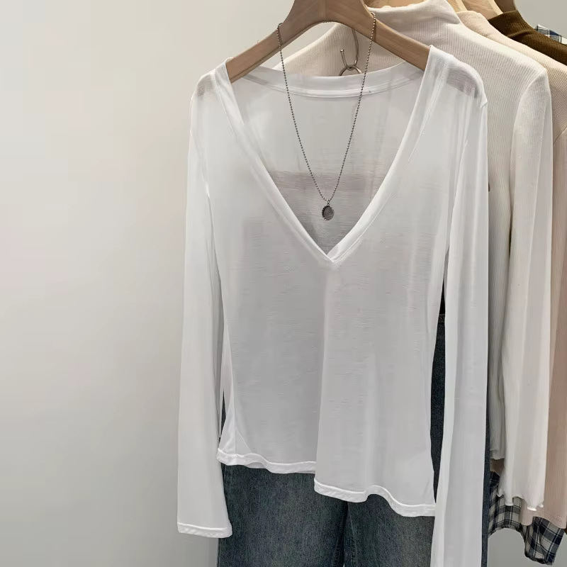 Nouveau T-shirt léger d'été pour femme à col en V et manches longues en fibre de Lyocell