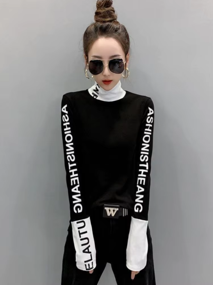 Vêtements chaud T-shirt haut jaune pour femmes avec impression 2025 col roulé femme