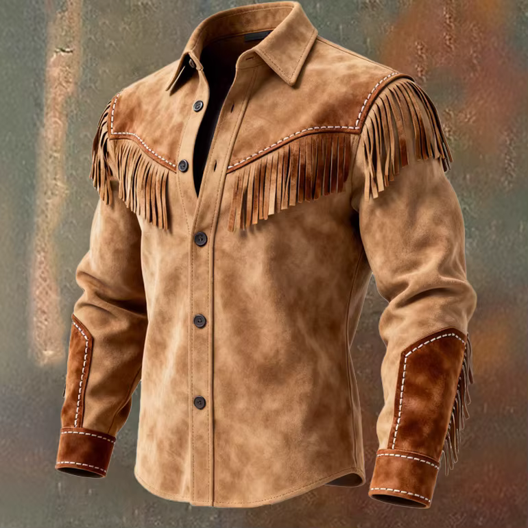 T-shirts Cowboy pour Hommes – Veste en Daim Vintage à Franges, Manches Longues, Boutons – Tenue Décontractée pour Fêtes – Hauts Populaires pour Homme
