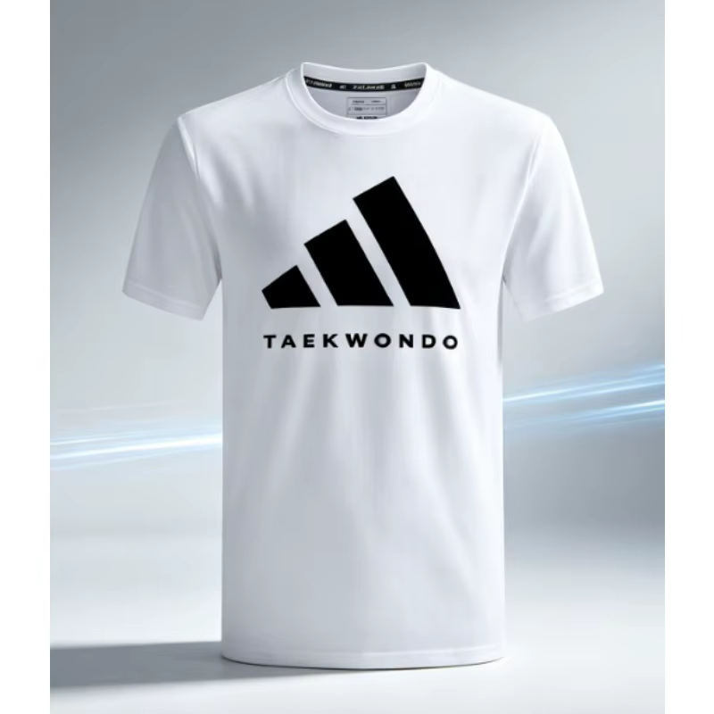 T-shirt adidas blanc et noir à col rond unisexe avec logo TAEKWONDO imprimé
