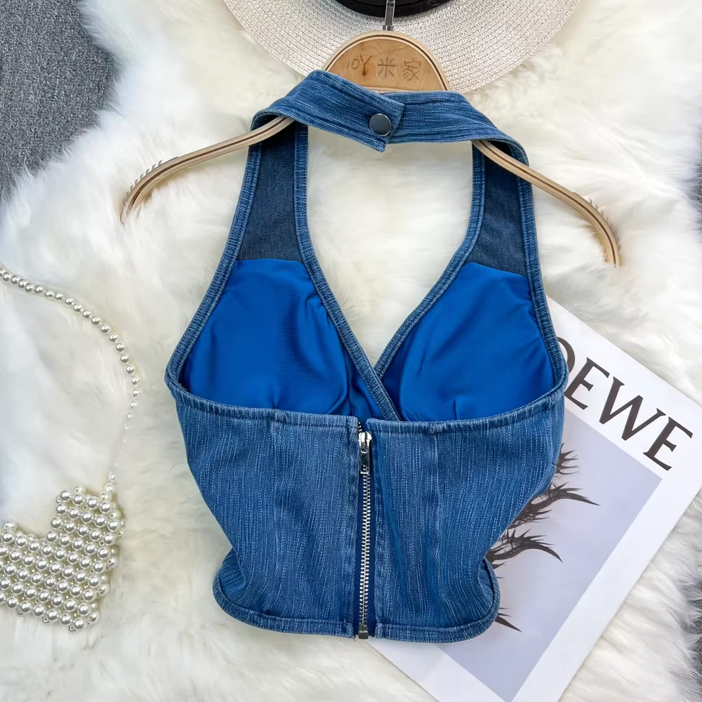 Précieux haut en jean pour femmes, épaules dénudées, dos nu, streetwear, été, col en v, mode, livraison directe