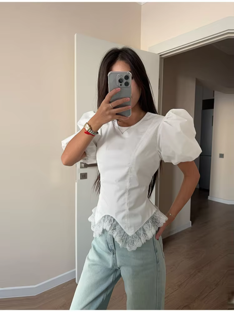 Chemisier Polo Femme à Manches Courtes Bouffantes