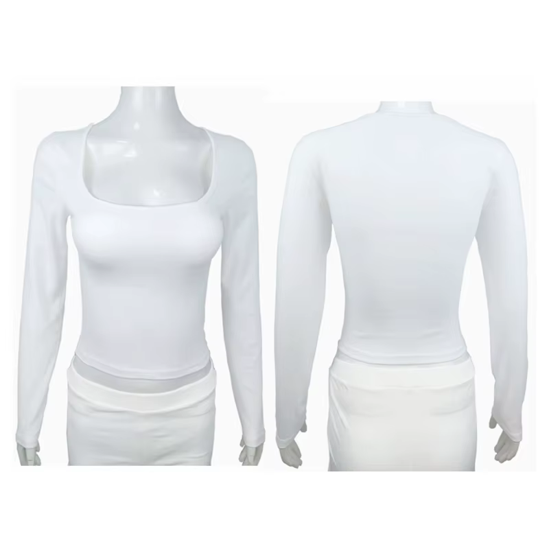 T-shirt à manches longues Slim hauts Sexy femme vêtements col carré près du corps