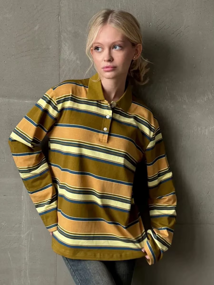 Wolfeel Femmes Vintage Inspiré Rétro Rayé Col Polo Surdimensionné Goutte Épaule Manches Longues T-Shirt À La Mode Haut Décontracté