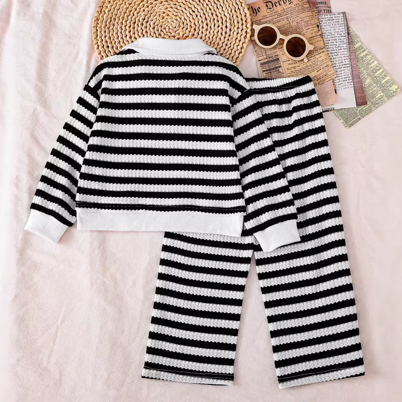 Ensemble deux pièces pour enfants, T-shirt à manches longues et col Polo rayé noir et blanc, nouvelle collection printemps/été 2026