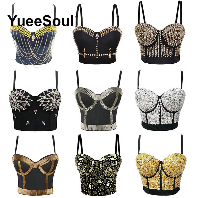 Hauts courts noirs 2025, nouveau Y2K gothique, fête de mariage, Club, rue, décontracté, Sexy, débardeur, perles, paillettes, Corset, vêtements pour femmes