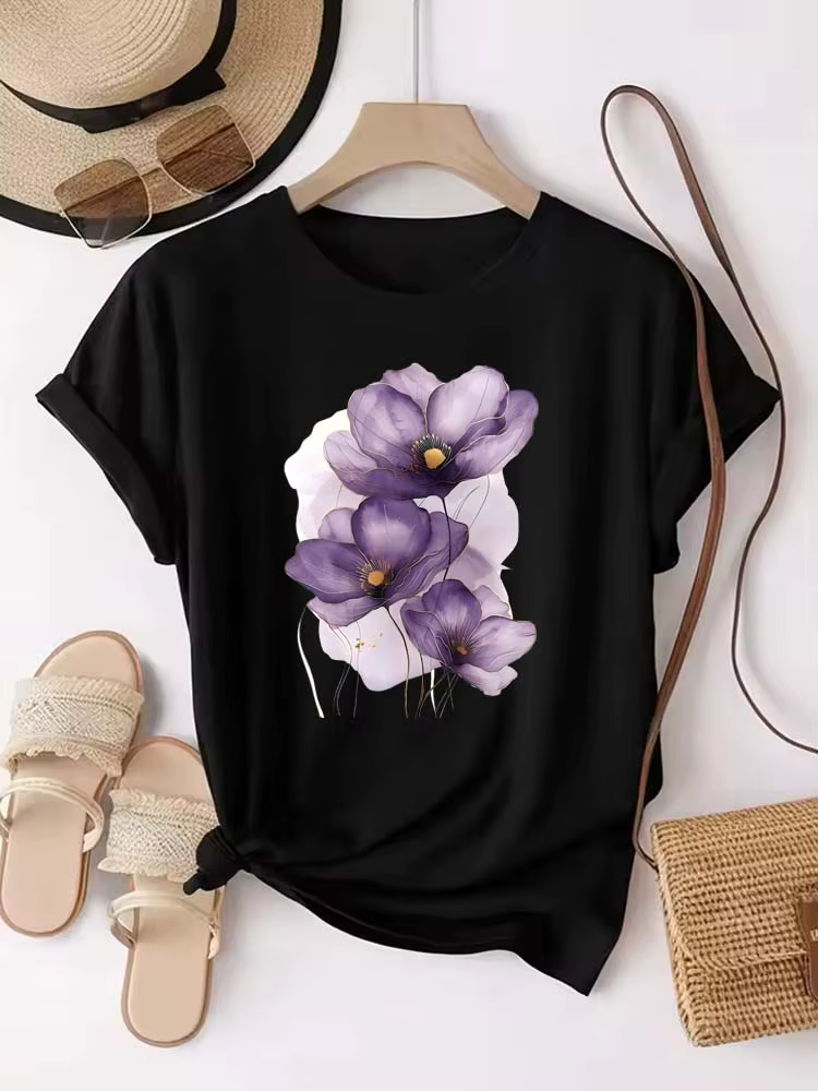 T-shirt femme violet aquarelle fleurs imprimé T petit haut filles Y2k vêtements été à manches courtes t-shirts