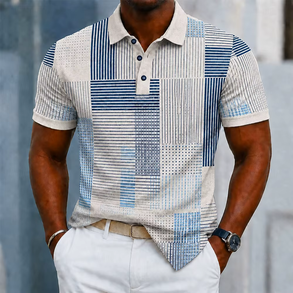 Polo pour homme beige à rayures géométriques