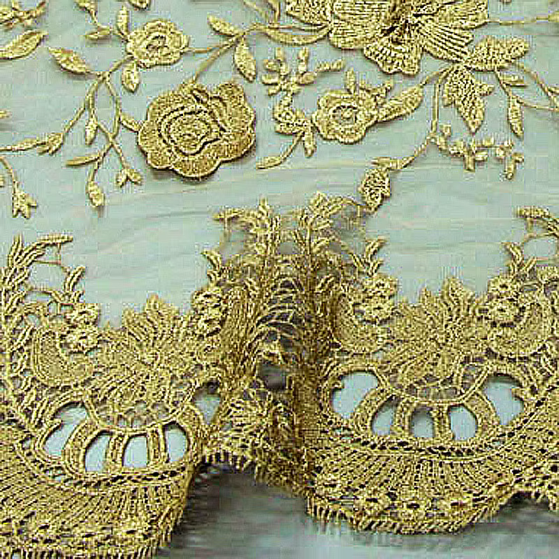 Robe de mariée dentelle 3D Flash garniture or 2 couches Tulle Voile fleurs broderie Textile tissus lacets électroniques tissu pour la couture