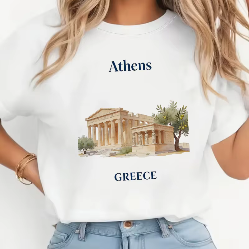 T-shirt décontracté à manches courtes pour femmes avec imprimé Santorin Grèce