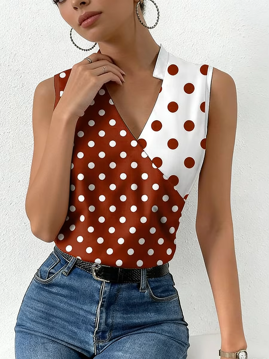 Débardeur Femme Tendance Printemps-Été Marron Blanc à Pois Col V Effet Cache-Cœur Rétro Décontracté Quotidien Saint-Valentin