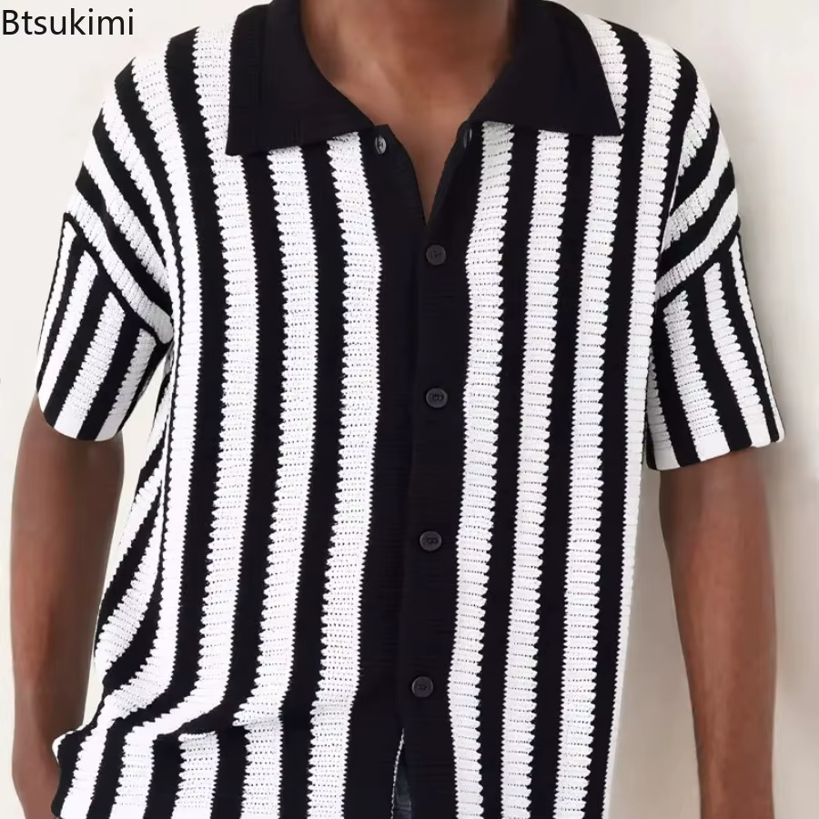 Nouveau Polo en Tricot Tendance pour Homme 2026 – Pull d'Été Ample et Confortable à Rayures Creuses