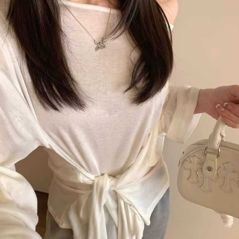 Nouveau T-shirt long sexy transparent à manches longues pour femme