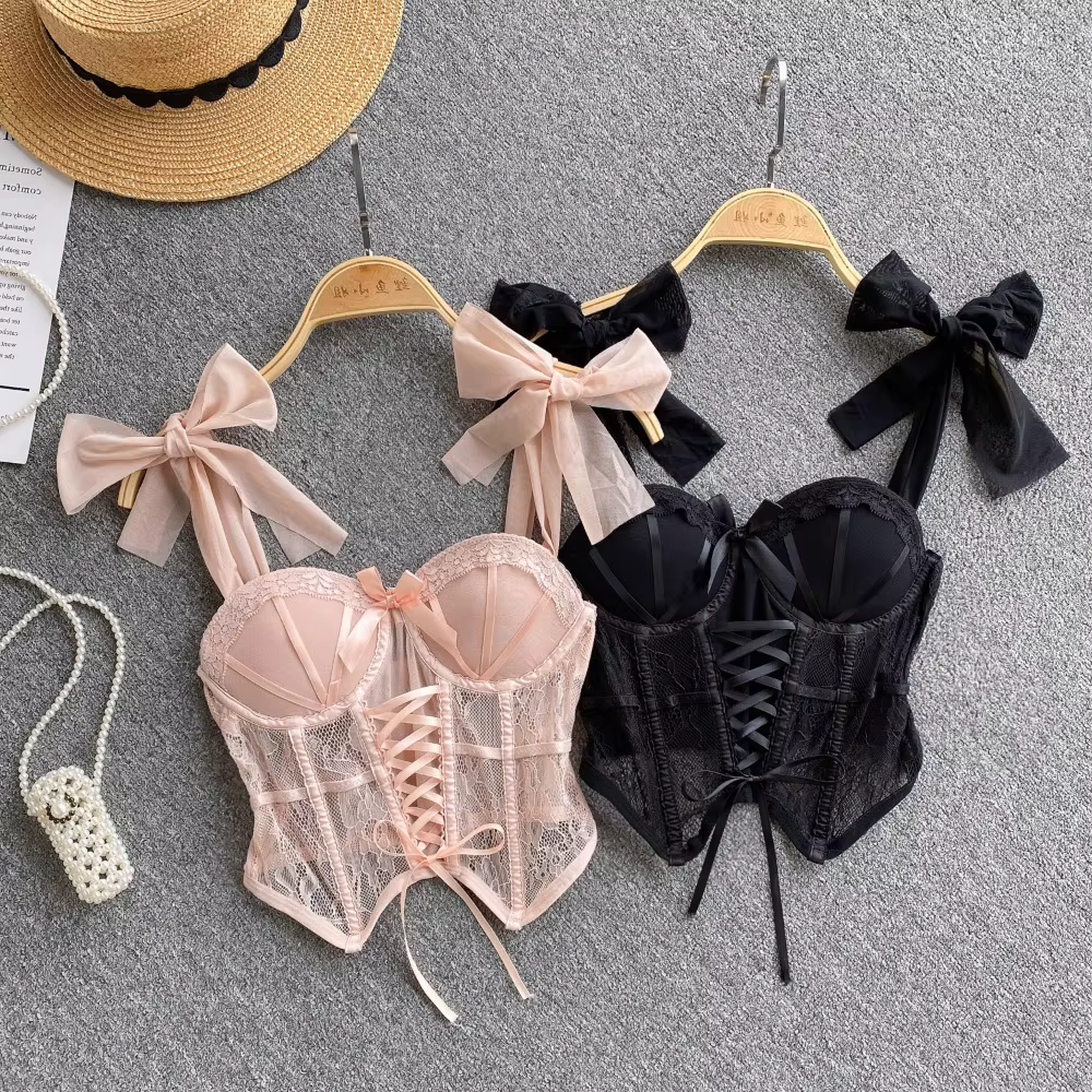 Spaghetti sangle débardeur pour femmes sans bretelles intégré soutien-gorge dentelle patchwork Tulle nœud Camis été