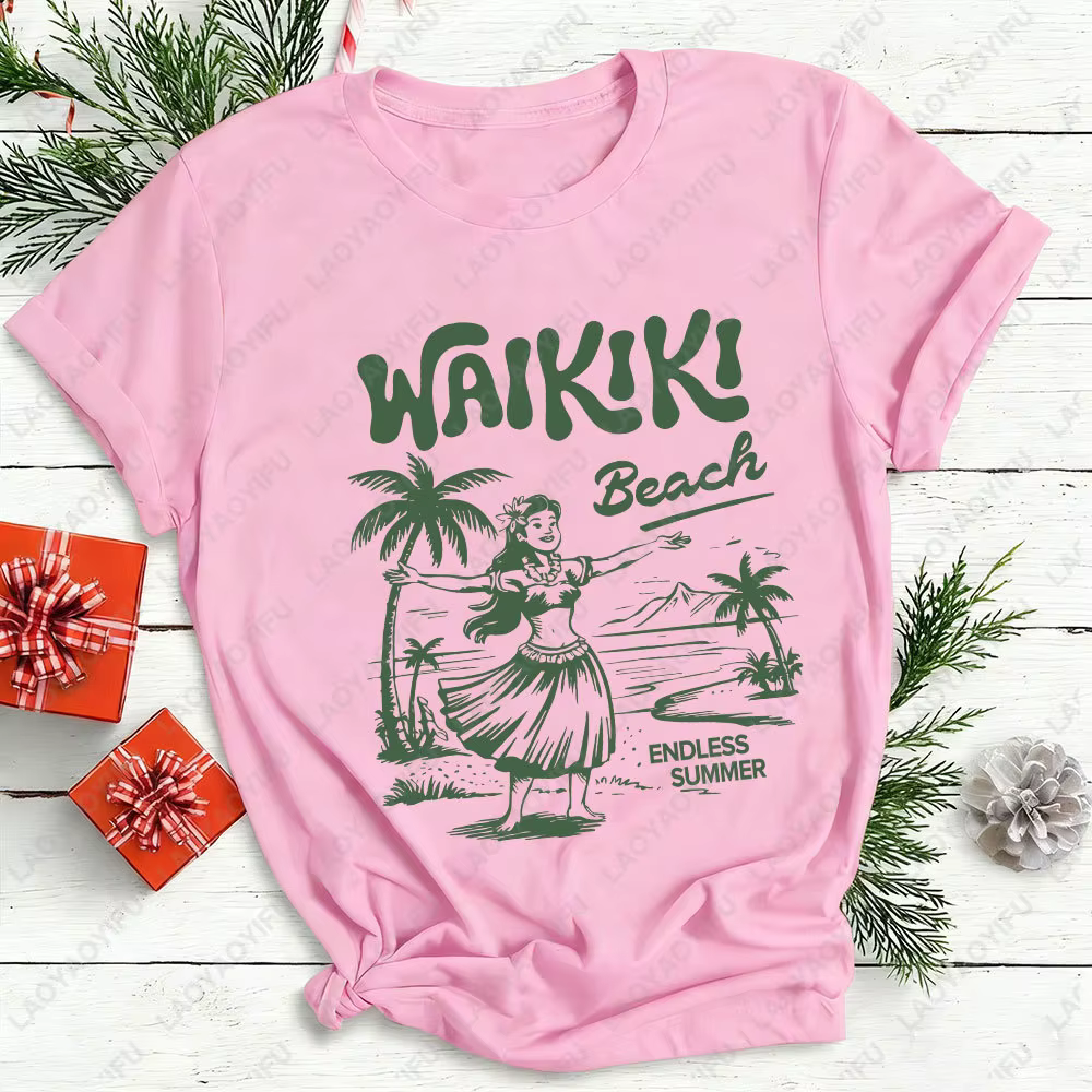 Waikiki chemise de plage Hawaii graphique T-Shirt Hula Girl Vintage île