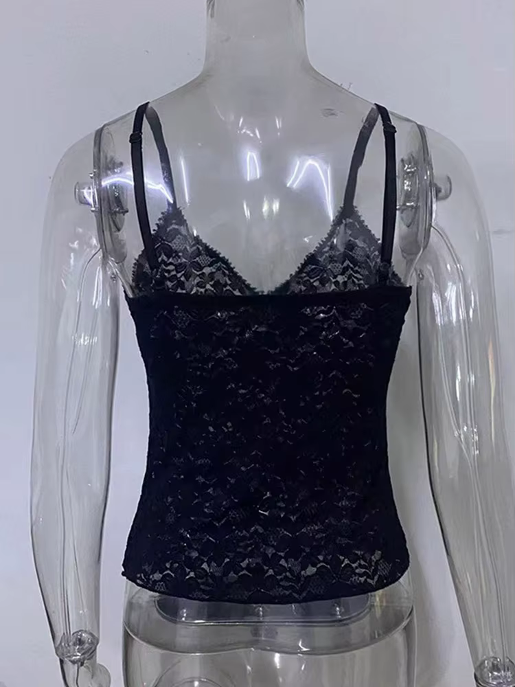 Haut court en dentelle transparente noire pour femme