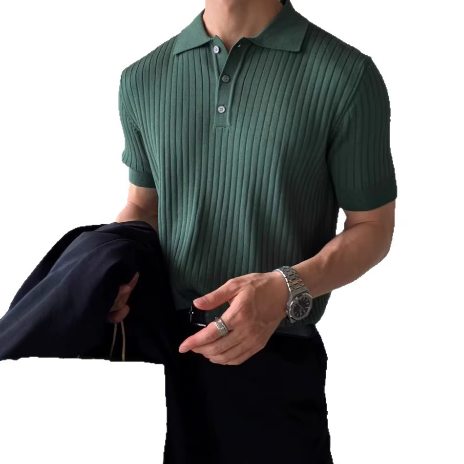 Polo en soie glacée tricoté style britannique pour homme – T-shirt élégant à manches courtes