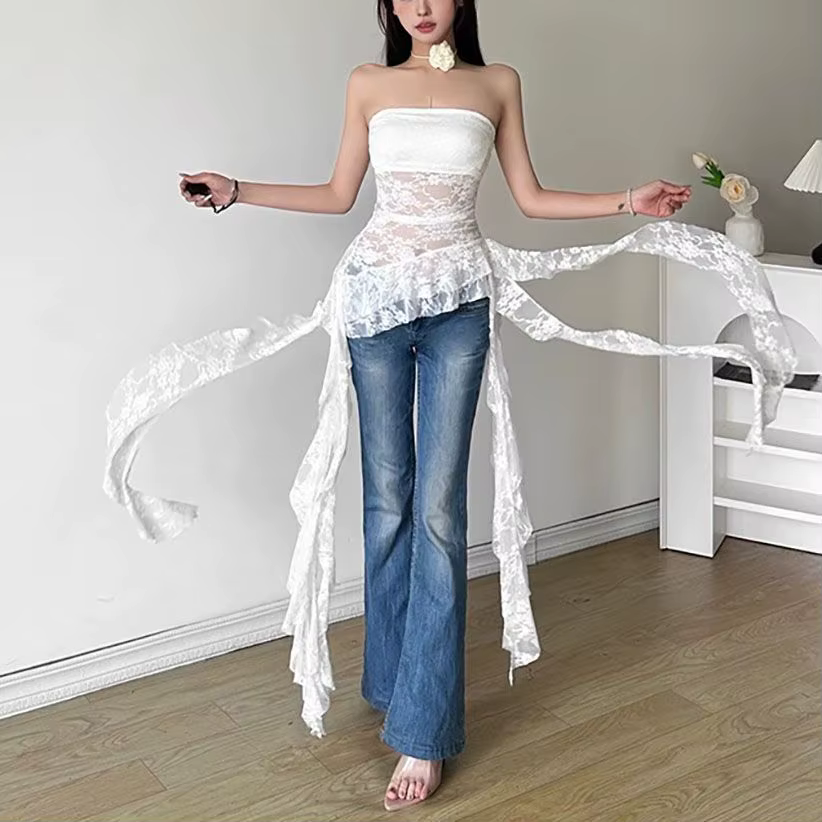 Doux Sexy Irrégulier Asymétrique Mince Débardeur Y2k Harajuku Dentelle T-shirt Femmes Noir Blanc Hauts À Volants Mignon Top Corset À La Mode Nouveau