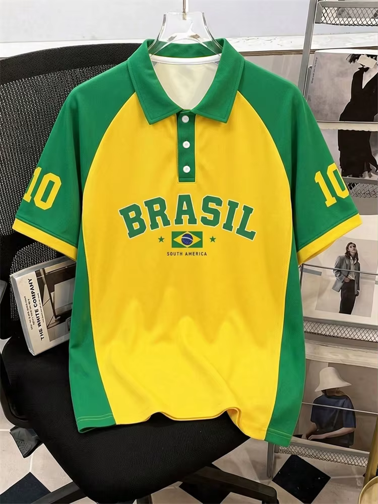 Nouveau T-shirt Polo Homme à Manches Courtes Motif Drapeau Brésilien Style Sportif