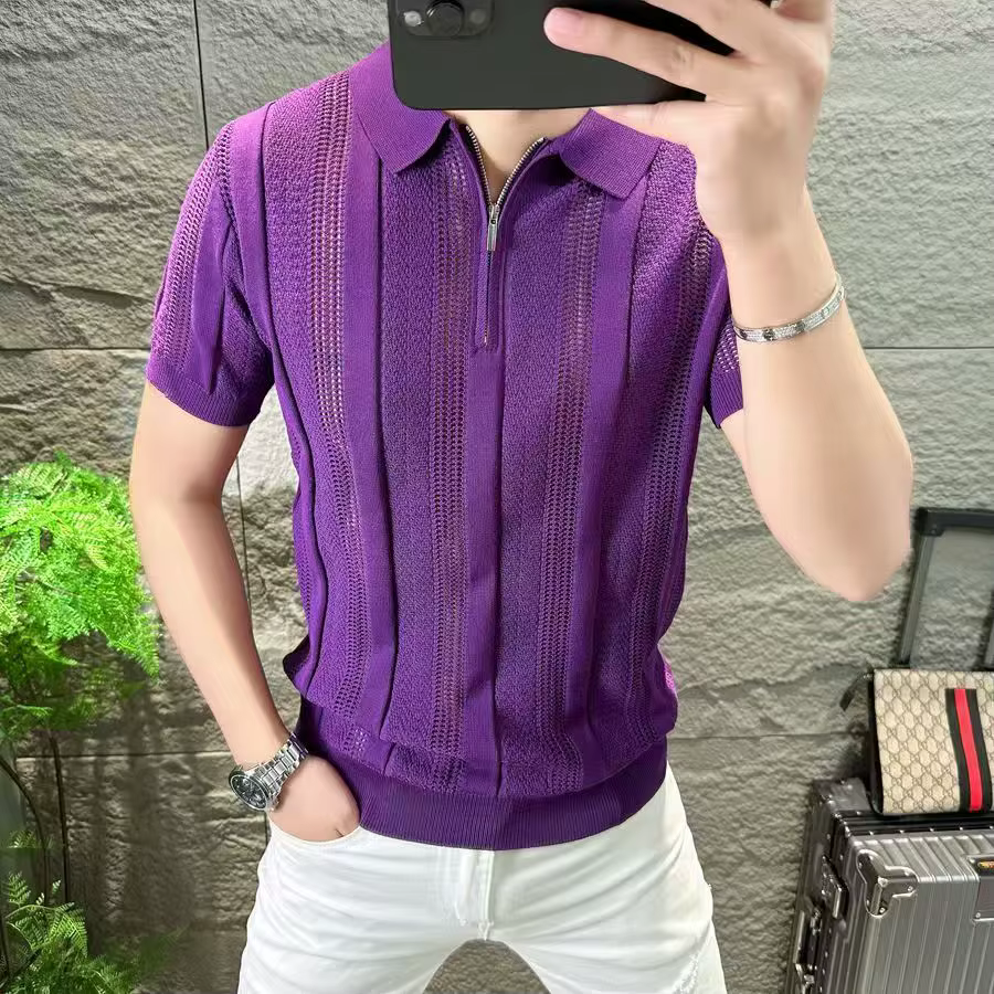 Polo tricoté à fermeture éclair pour hommes