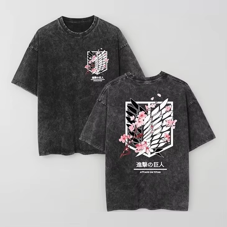 Nouveau T-shirt Oversize Vintage Lavé Homme et Femme 2026 – Motif L'Attaque des Titans – Streetwear Décontracté Y2K – Collection Été 2026