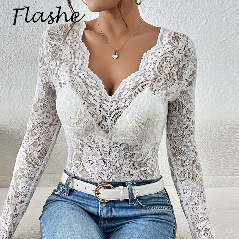 Sexy dentelle t-shirt femmes élégant col en V mince hauts femme mode solide à manches longues chemises