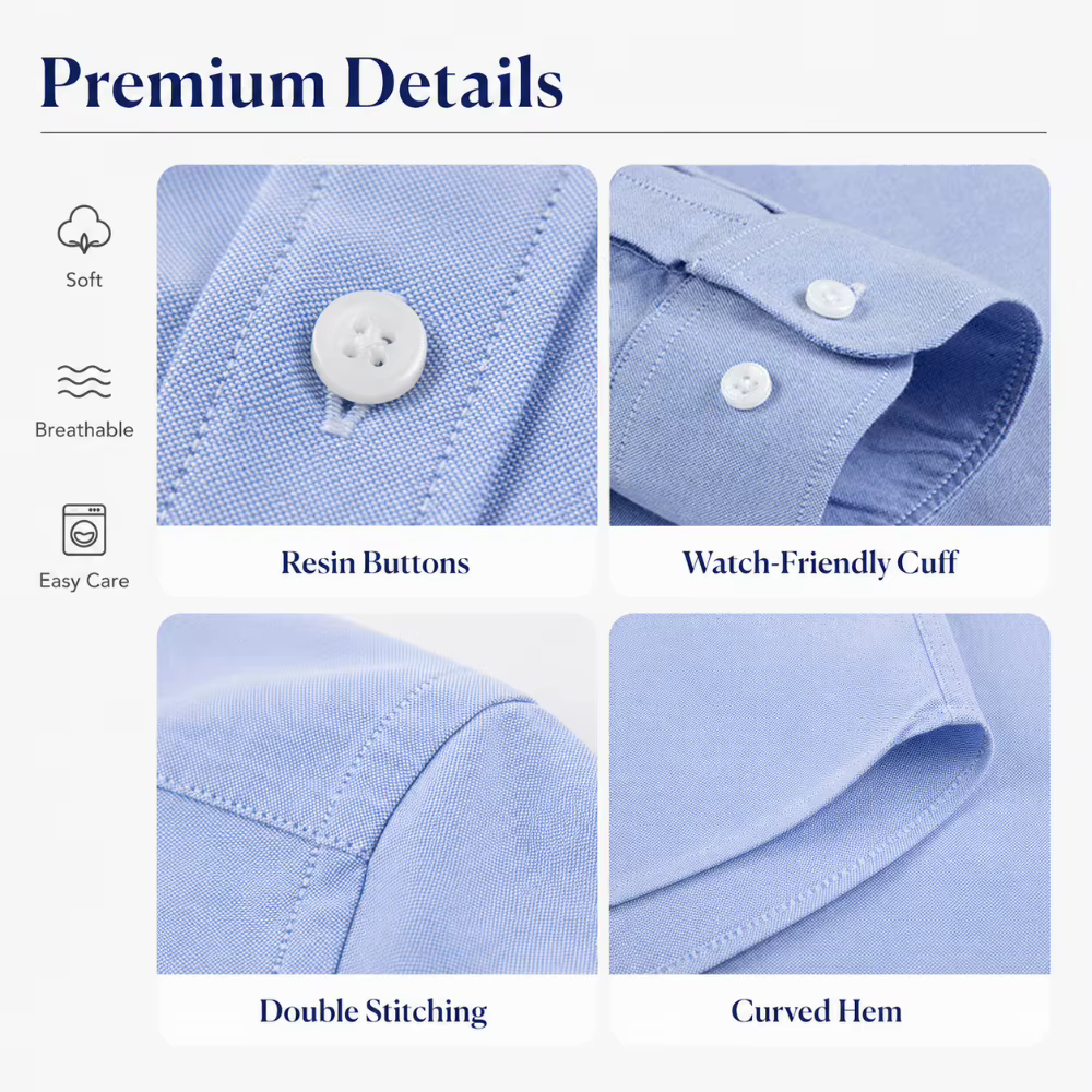 Chemise Homme Oxford Coton Manches Longues Button Down Casual Business Pré-Rétrécie Lavage Enzymatique Respirante Anti-Froissage