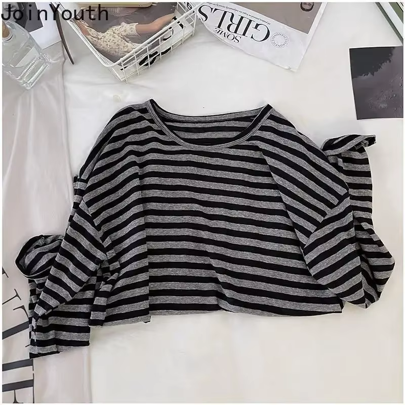 Chemises rayées pour femmes T-shirt surdimensionné 2025 Ropa Mujer manches longues col rond t-shirts haut décontracté