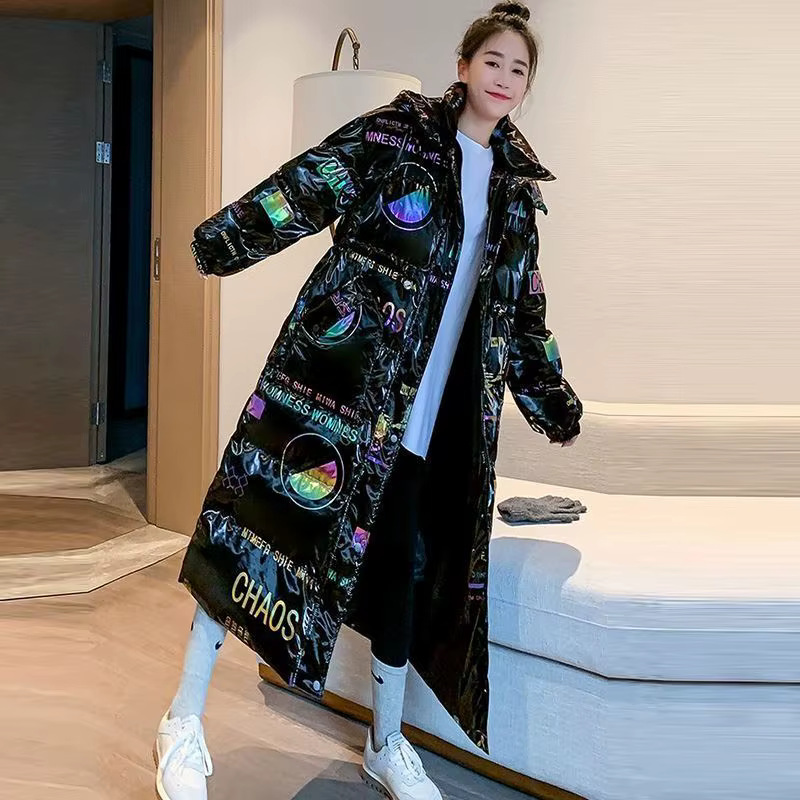 Parka pour femmes, nouveau visage brillant, vêtements longs colorés rembourrés, couleur magique, veste épaisse, vêtements d'extérieur à capuche, manteau Streetwear