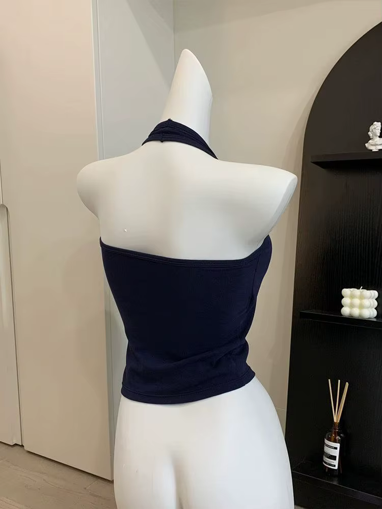 Nouveau coton bleu côtelé tricoté Sexy hauts col été chemises de base maigre mince Sport gilet décontracté épaules dénudées débardeur pour femmes